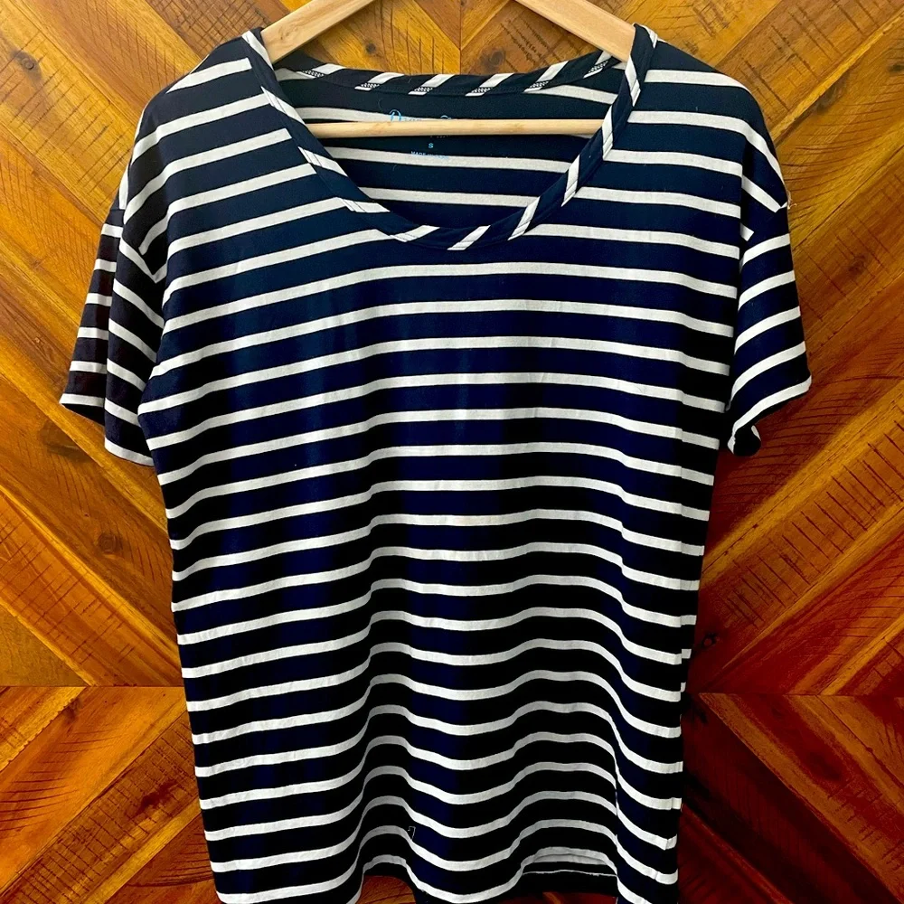 DRAPER JAMES Women's Supersoft Loose Fit Striped Tee Shirt Blue White Siz Small - Picture 2 of 6